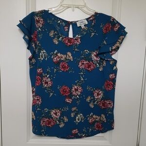 Apt. 9 Flutter Sleeve Blue Ruffled Blouse